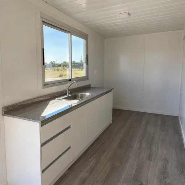 Ilustración: Casa con 2 contenedores, cocina simple en una casa contenedor